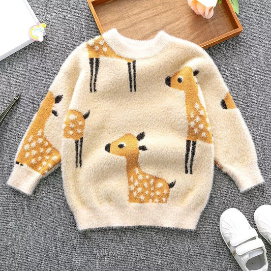 Toddler Girls Fawn Pattern Fluffy Knit Sweater