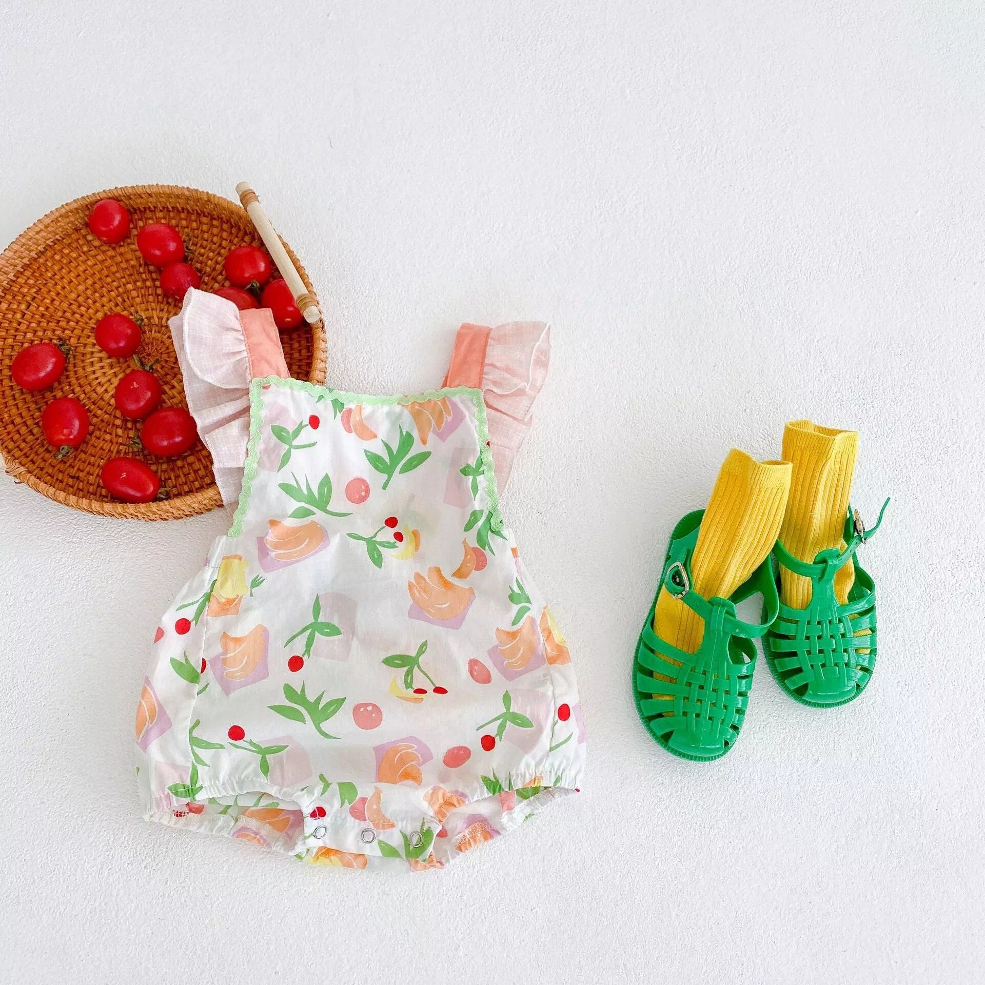 Baby Girl Summer Romper, Cherry, Banana pastel color Romper, Baby Shower gift