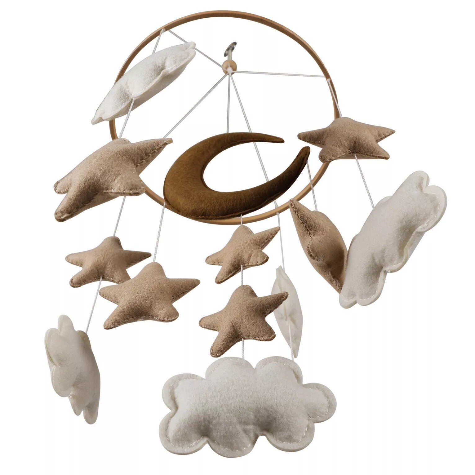 Handmade Felt Brown Moon, Cloud and Stars Nursery Mobile, Gender Neutral Crib Mobile, Baby Room Decoration, Cot Mobile,