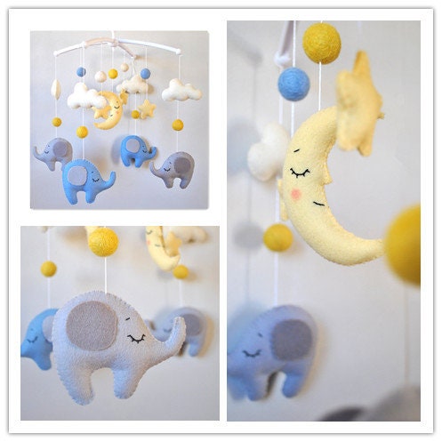 Handmade Felt Elephant Nursery Mobile, Cot Mobile, Baby Room Decoration