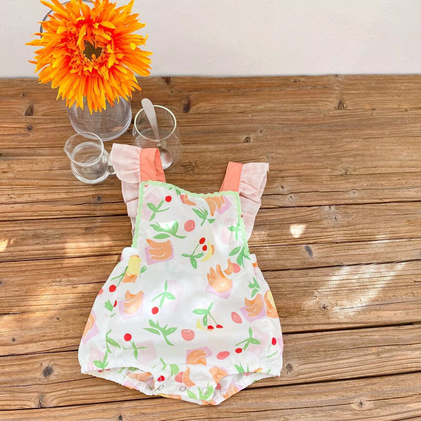 Baby Girl Summer Romper, Cherry, Banana pastel color Romper, Baby Shower gift