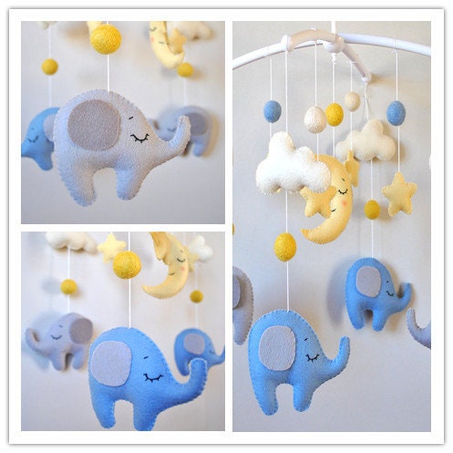 Handmade Felt Elephant Nursery Mobile, Cot Mobile, Baby Room Decoration
