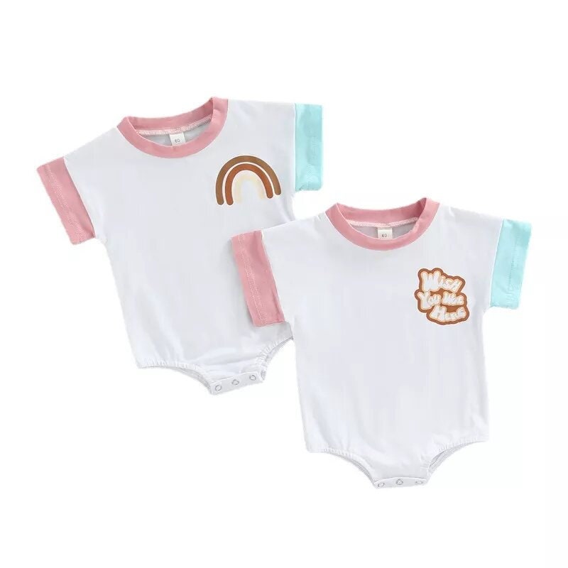 Vintage style Bubble baby romper, Rainbow-Miss you, Wish you were here romper
