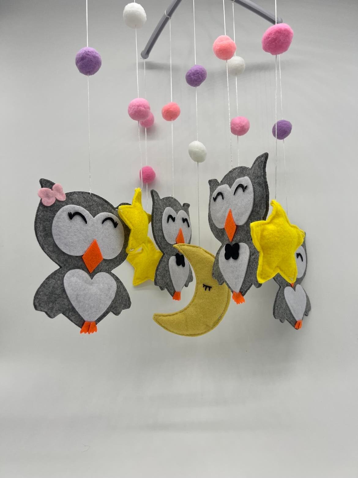 Handmade Felt Pink/Blue Owl, Moon, and Cloud Nursery Mobile, Crib Mobile, Baby Room Decoration, Cot Mobile,