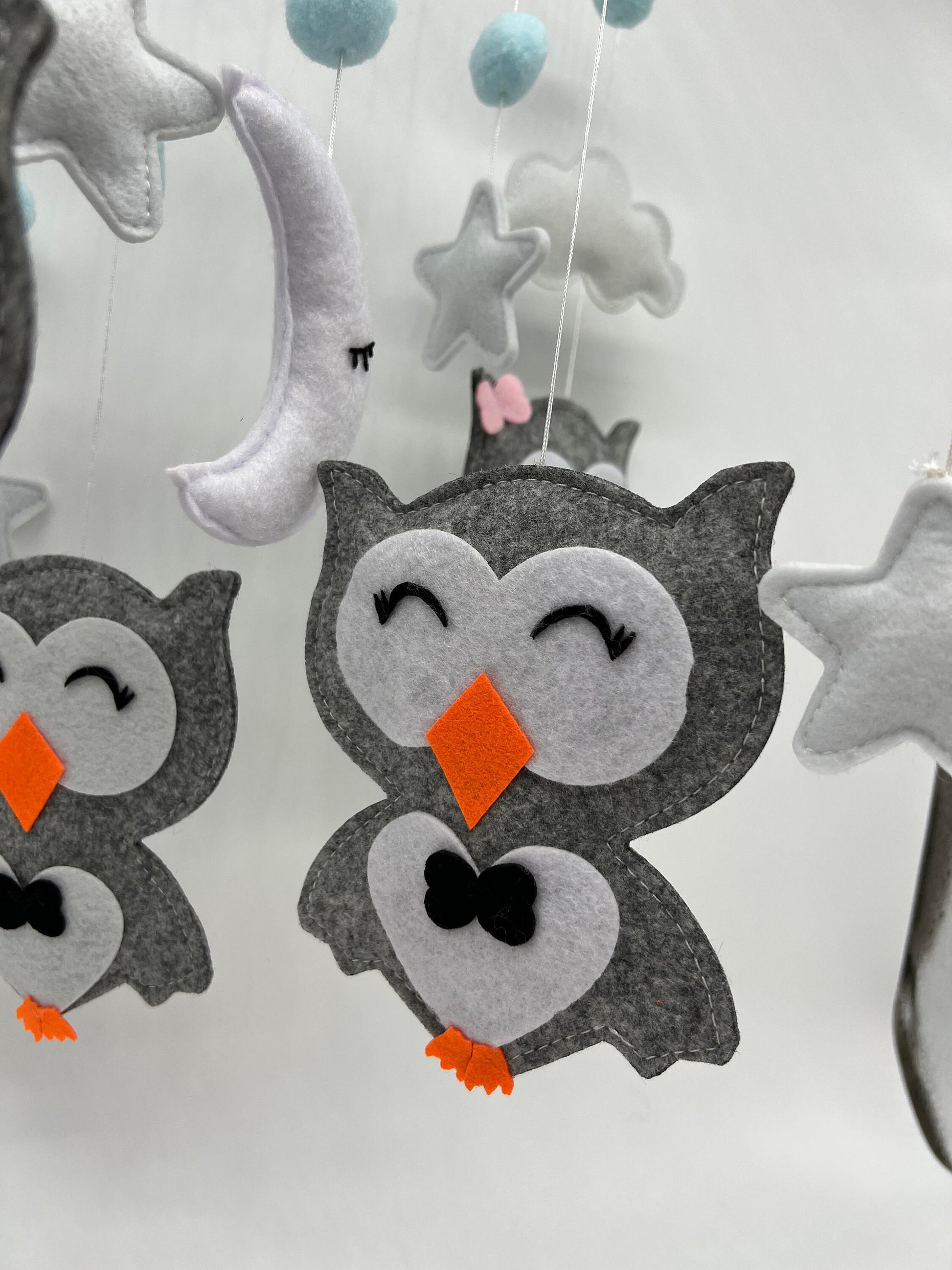 Handmade Felt Pink/Blue Owl, Moon, and Cloud Nursery Mobile, Crib Mobile, Baby Room Decoration, Cot Mobile,