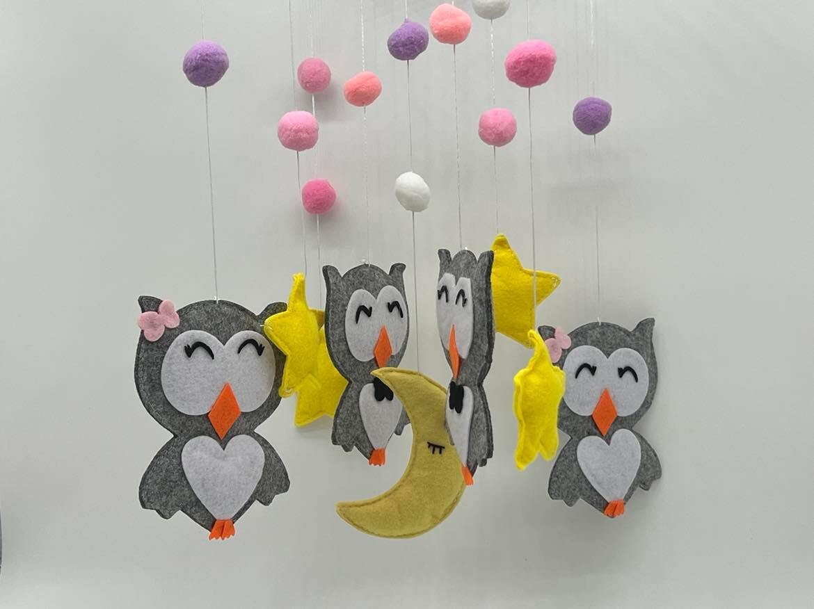 Handmade Felt Pink/Blue Owl, Moon, and Cloud Nursery Mobile, Crib Mobile, Baby Room Decoration, Cot Mobile,