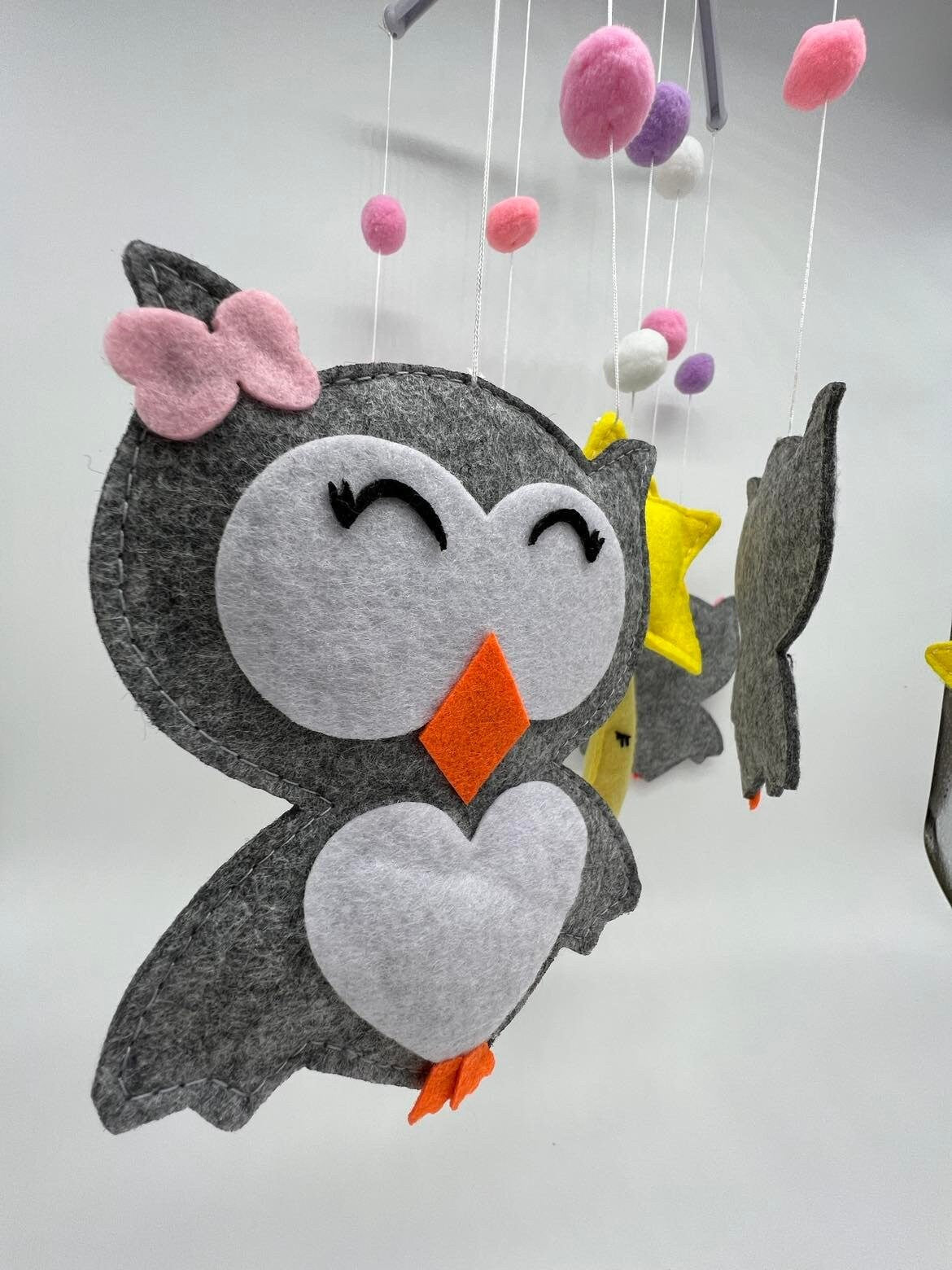 Handmade Felt Pink/Blue Owl, Moon, and Cloud Nursery Mobile, Crib Mobile, Baby Room Decoration, Cot Mobile,