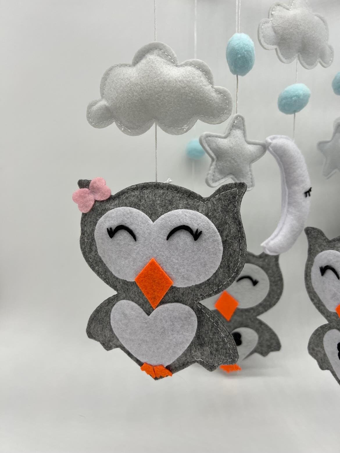 Handmade Felt Pink/Blue Owl, Moon, and Cloud Nursery Mobile, Crib Mobile, Baby Room Decoration, Cot Mobile,
