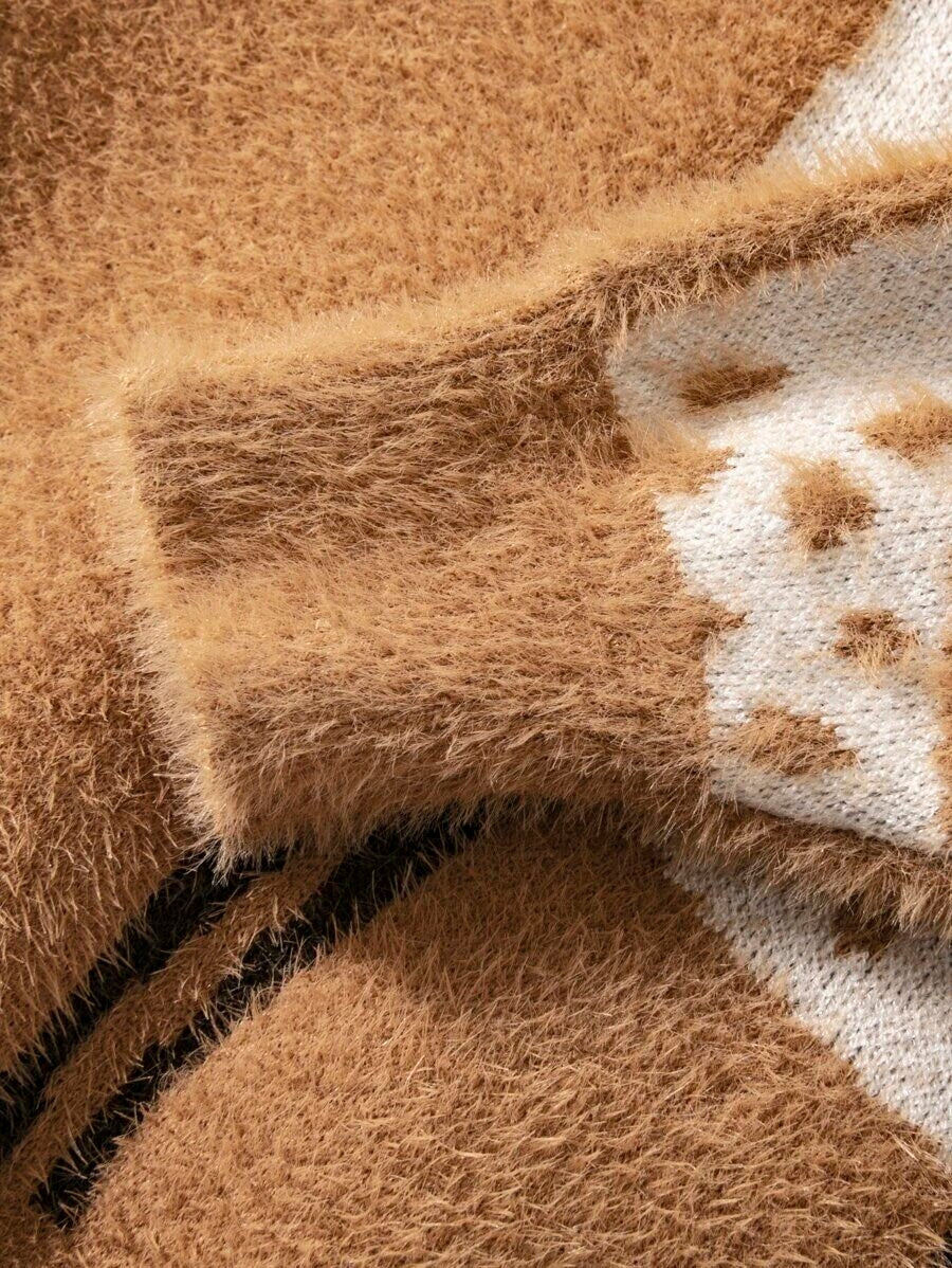 Toddler Girls Fawn Pattern Fluffy Knit Sweater