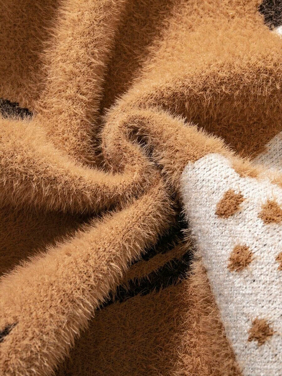 Toddler Girls Fawn Pattern Fluffy Knit Sweater