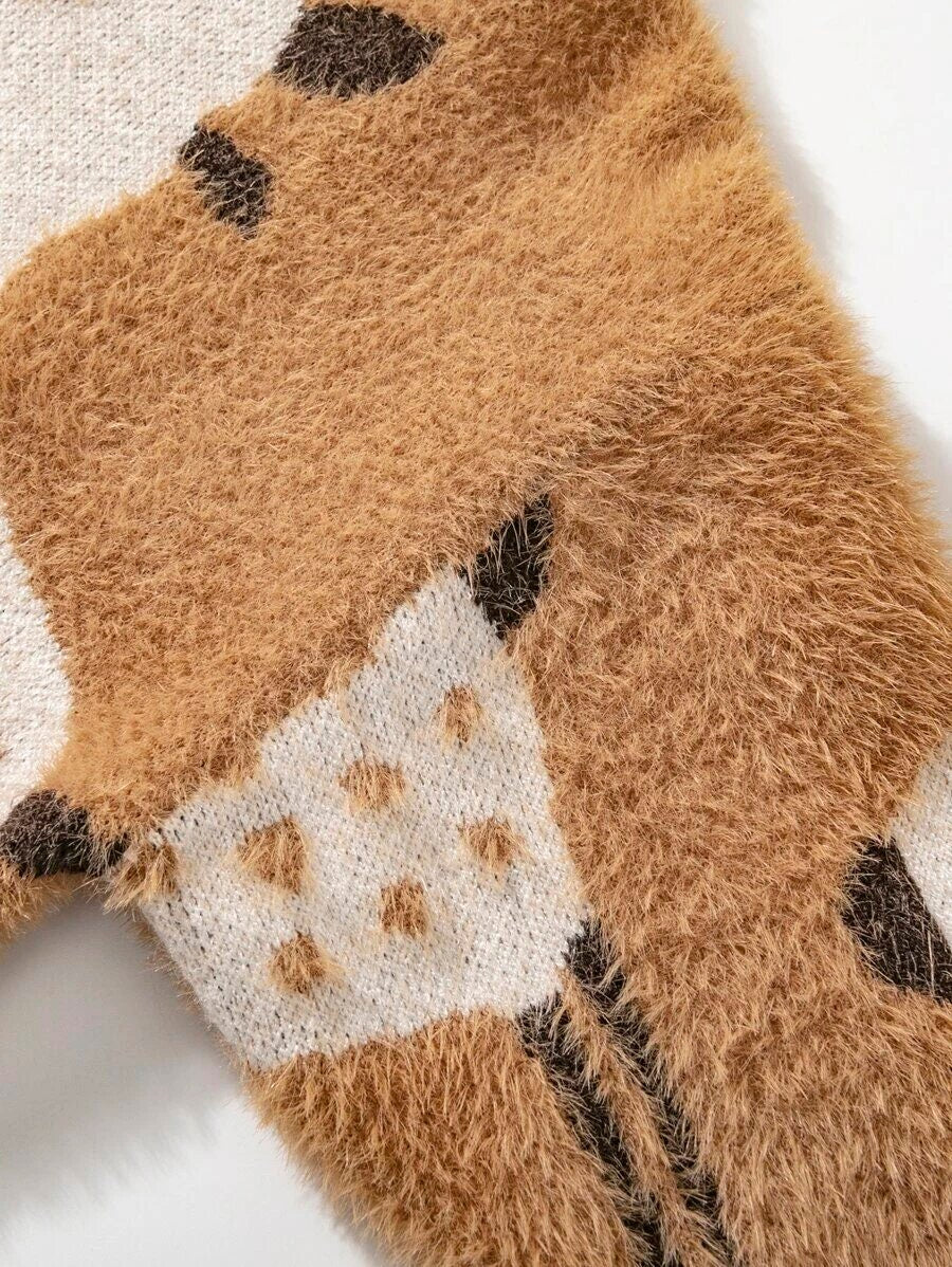 Toddler Girls Fawn Pattern Fluffy Knit Sweater