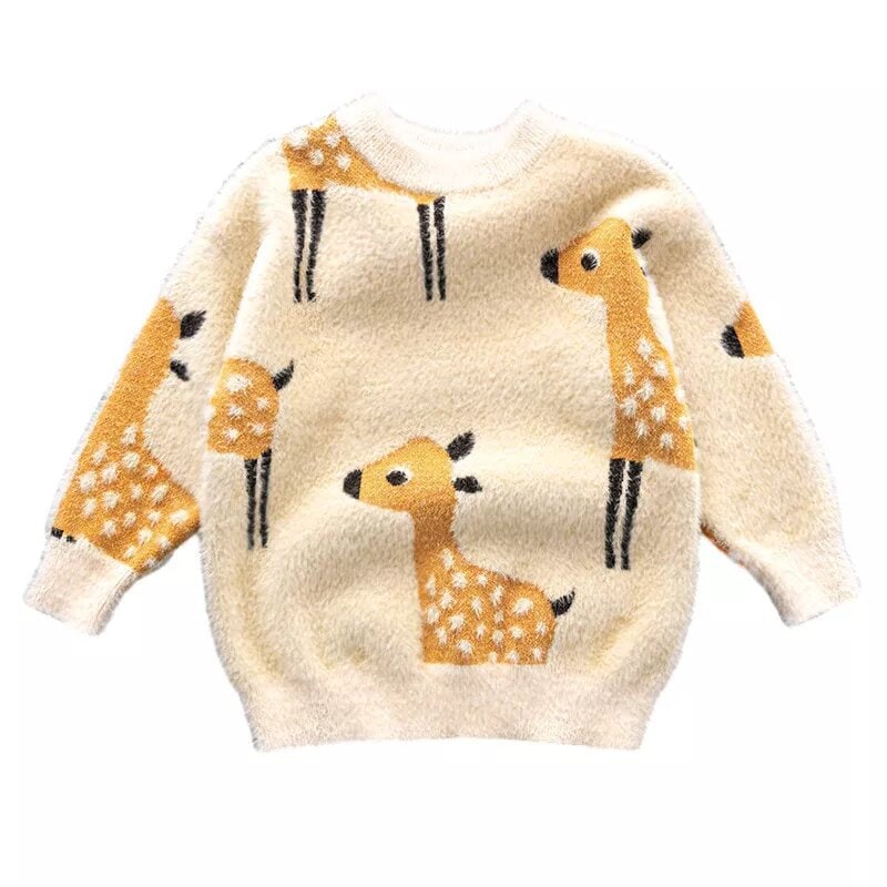 Toddler Girls Fawn Pattern Fluffy Knit Sweater
