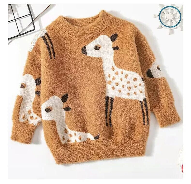 Toddler Girls Fawn Pattern Fluffy Knit Sweater