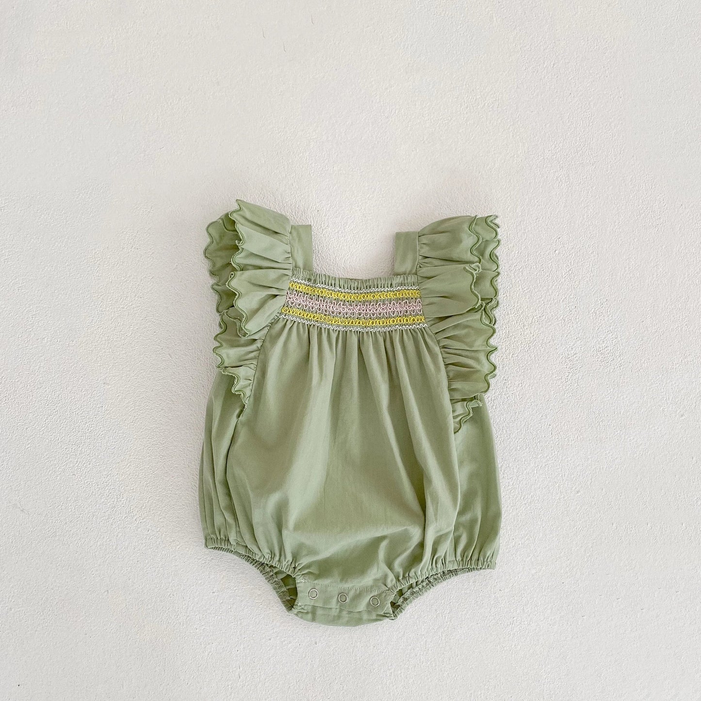Green embroidered baby girl summer romper, Triangle crawling, Flying sleeve