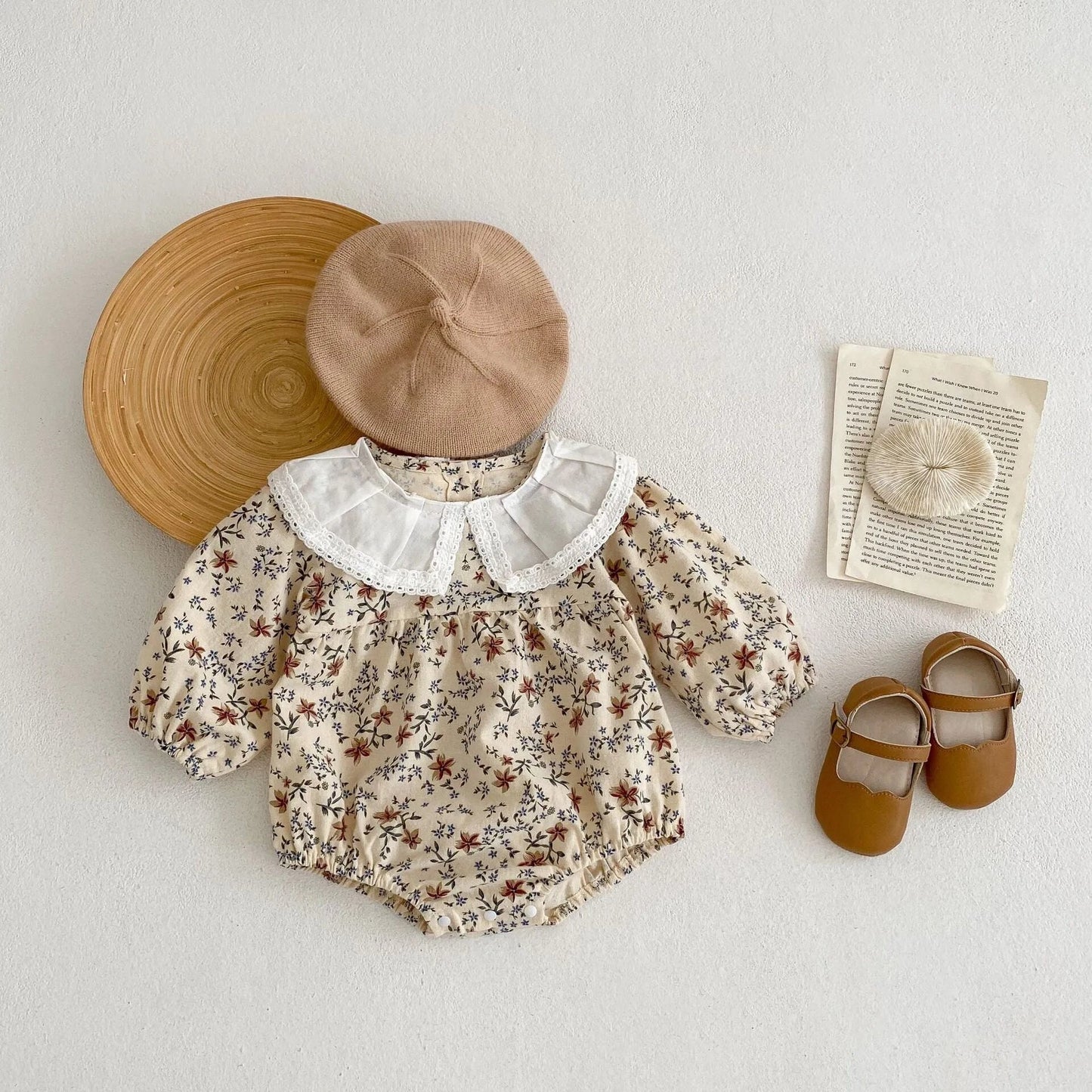 Baby Girl Spring Vintage Floral Bodysuit Kids Lace Hollow Out Peter Pan Collar Cotton Jumpsuit, Romper