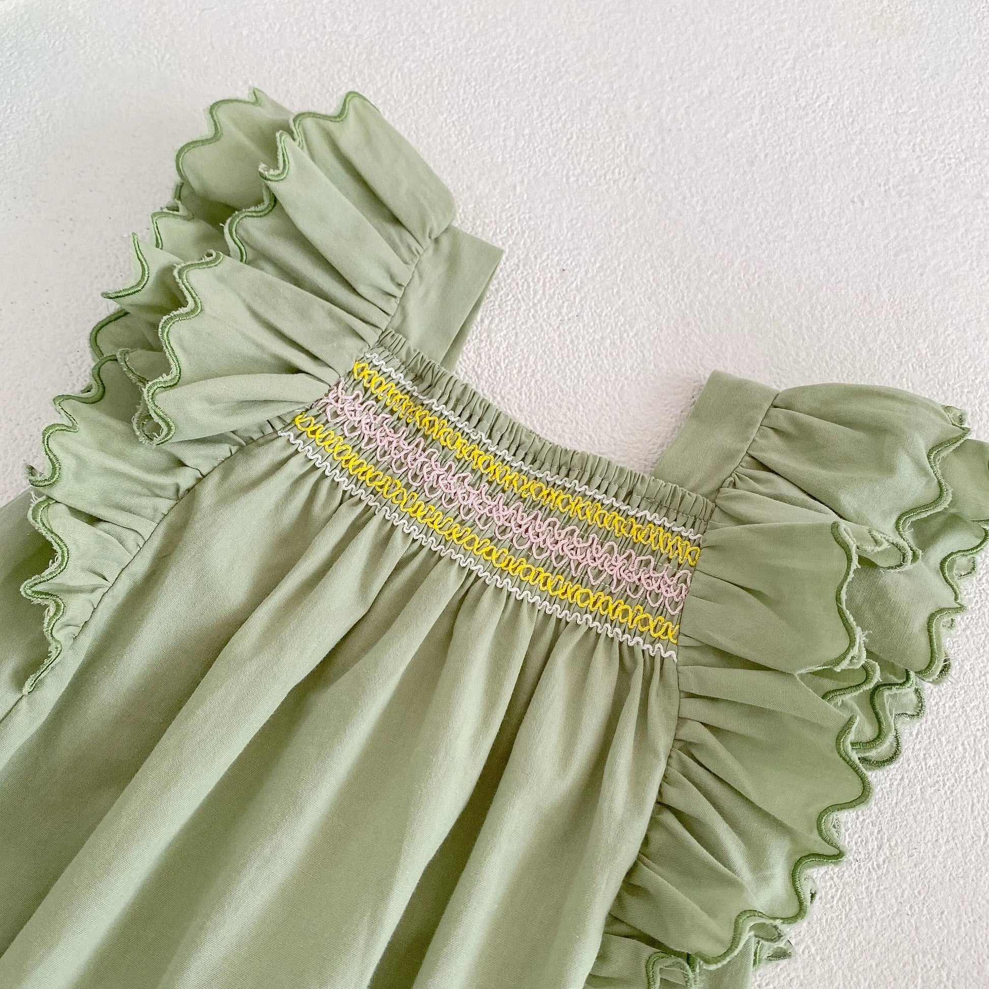 Green embroidered baby girl summer romper, Triangle crawling, Flying sleeve