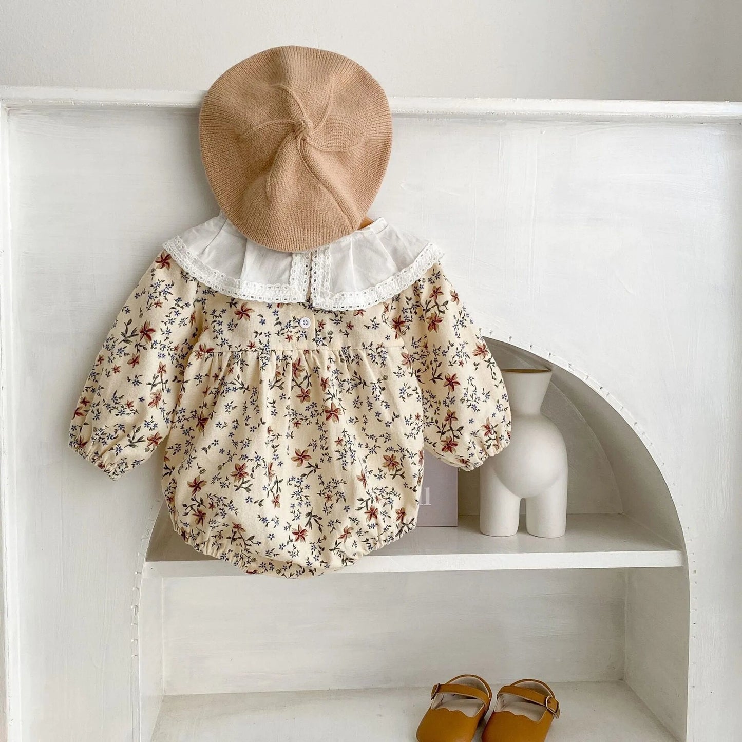 Baby Girl Spring Vintage Floral Bodysuit Kids Lace Hollow Out Peter Pan Collar Cotton Jumpsuit, Romper