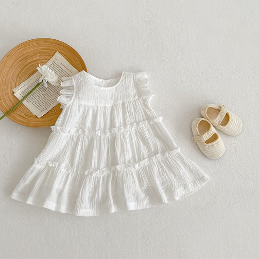 Toddler Girl Round Neck Ruffled Flying Sleeves Summer Dress