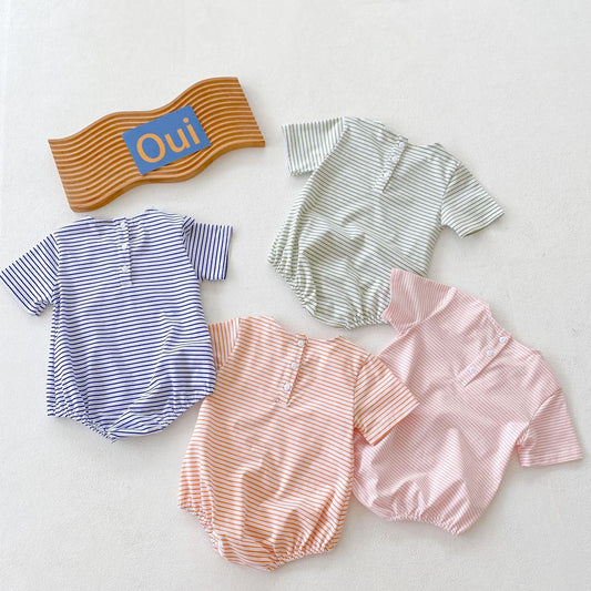 Cute oversized, bubble striped baby romper for summer/spring. Unisex, gender neutral perfect baby shower gift