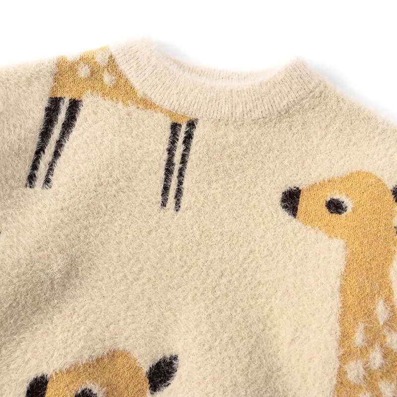 Toddler Girls Fawn Pattern Fluffy Knit Sweater