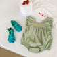 Green embroidered baby girl summer romper, Triangle crawling, Flying sleeve