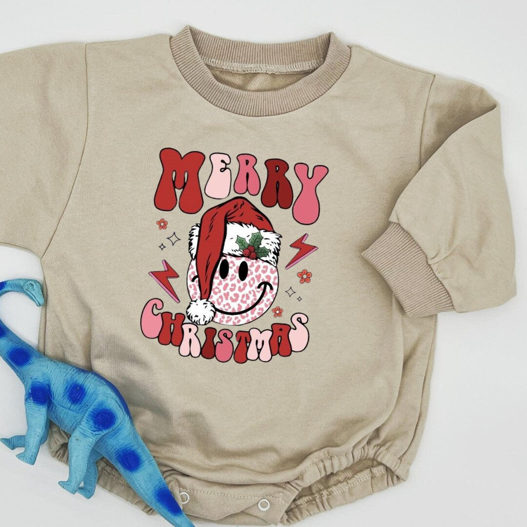 Pink Merry Christmas Bubble Sweatshirt romper for baby/infant/toddler. Oversized Sweatshirt