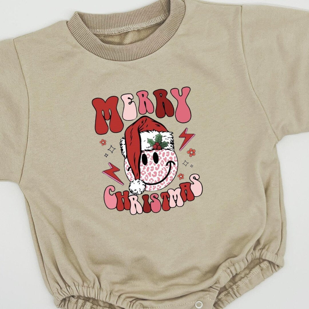 Pink Merry Christmas Bubble Sweatshirt romper for baby/infant/toddler. Oversized Sweatshirt