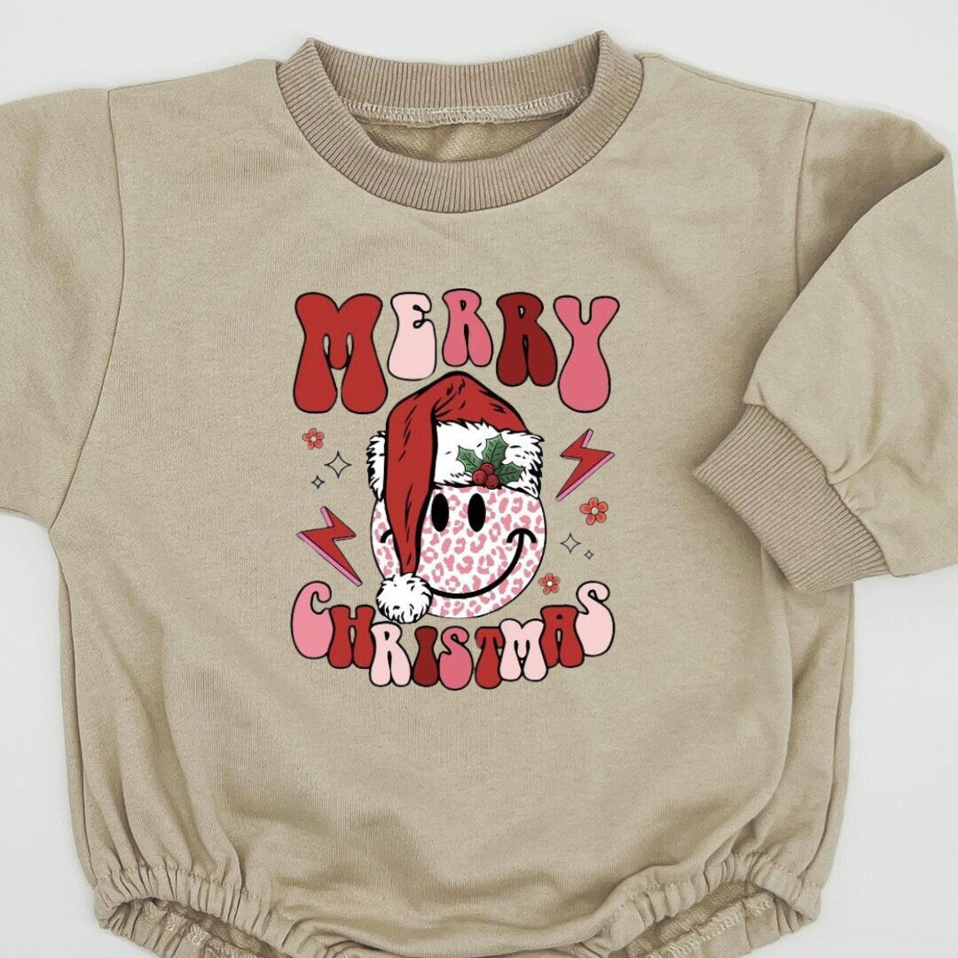 Pink Merry Christmas Bubble Sweatshirt romper for baby/infant/toddler. Oversized Sweatshirt