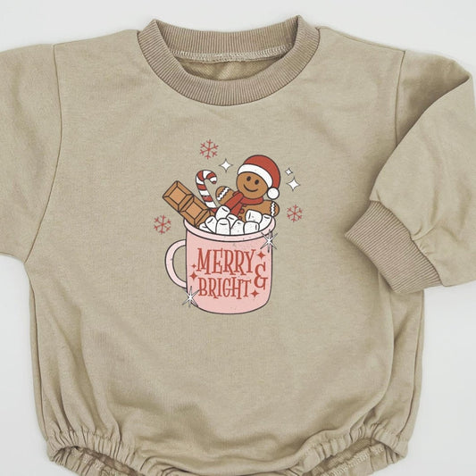 Pink Merry & Bright Christmas Bubble Sweatshirt romper for baby/infant/toddler. Oversized Sweatshirt