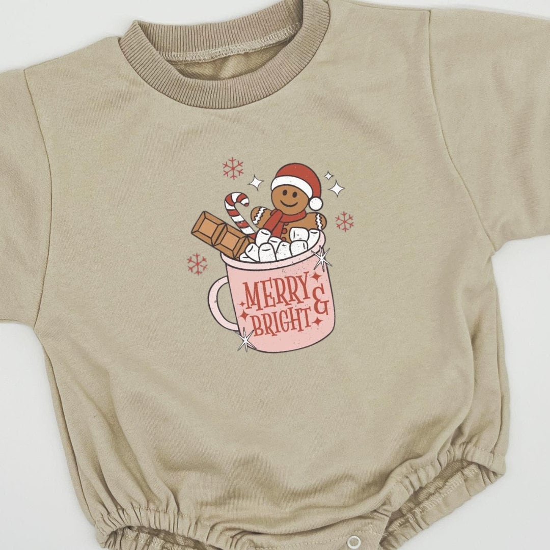 Pink Merry & Bright Christmas Bubble Sweatshirt romper for baby/infant/toddler. Oversized Sweatshirt