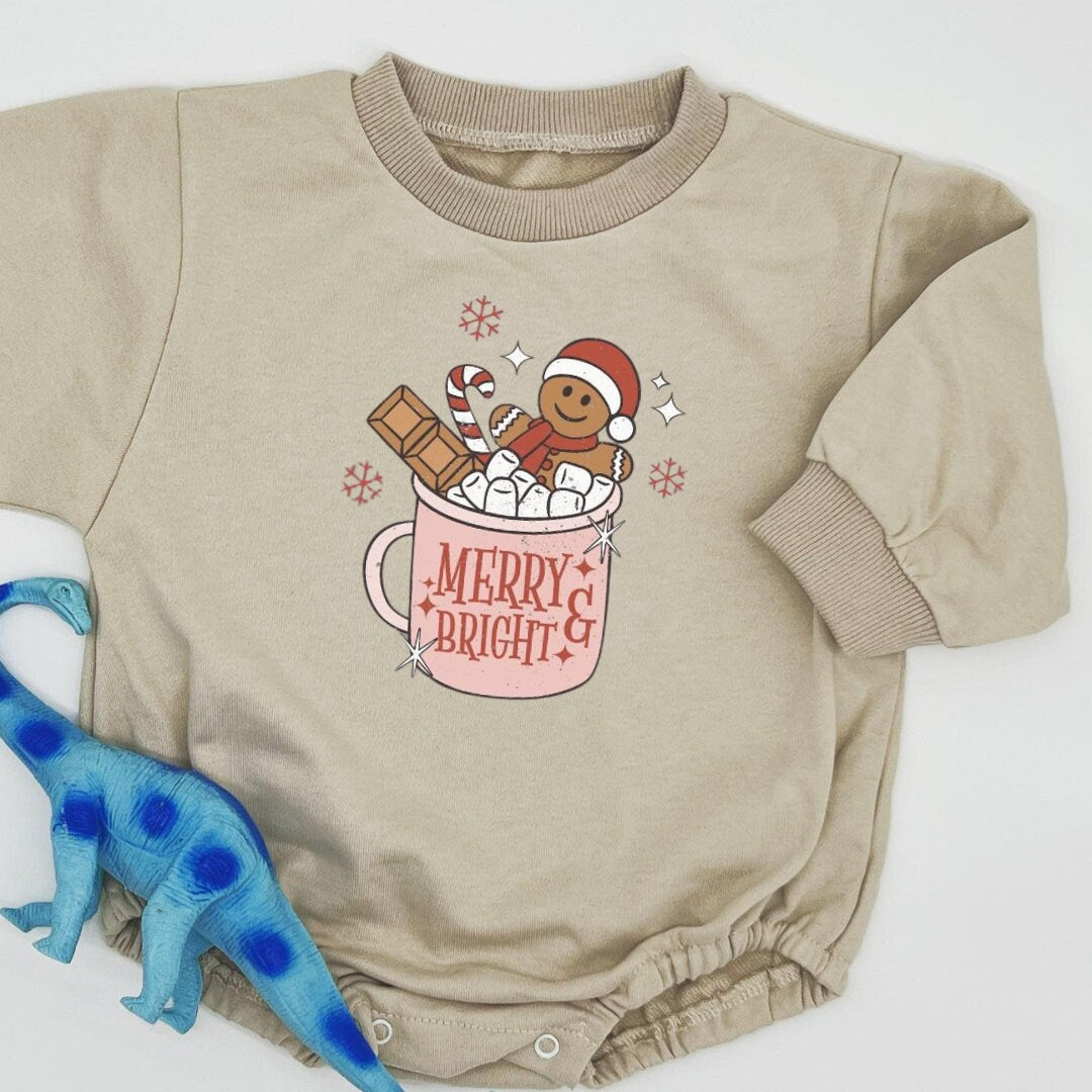 Pink Merry & Bright Christmas Bubble Sweatshirt romper for baby/infant/toddler. Oversized Sweatshirt