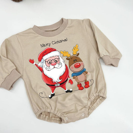 Merry Christmas Santa with Deer Bubble Sweatshirt romper for baby/infant/toddler. Oversized Sweatshirt