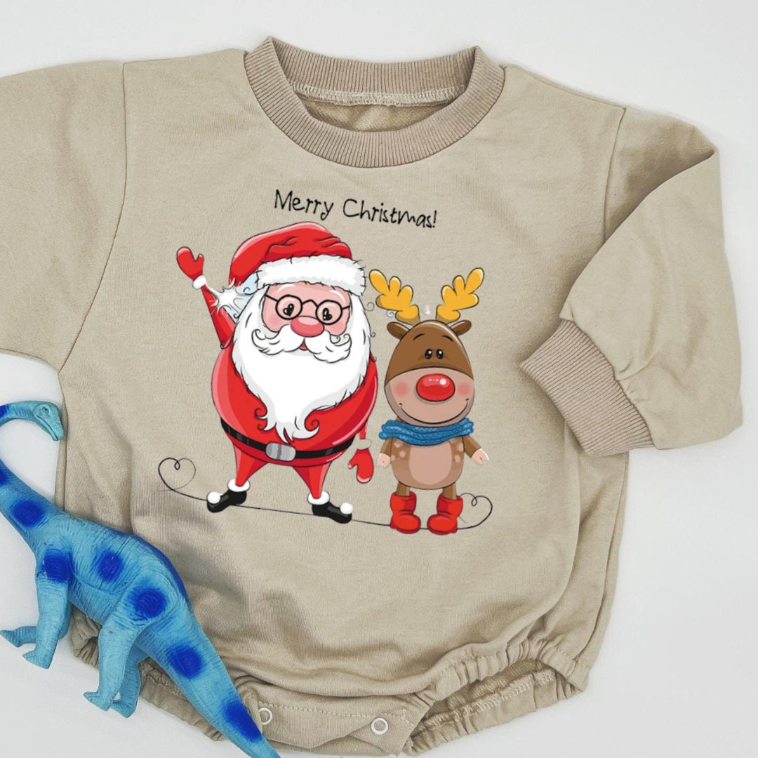 Merry Christmas Santa with Deer Bubble Sweatshirt romper for baby/infant/toddler. Oversized Sweatshirt