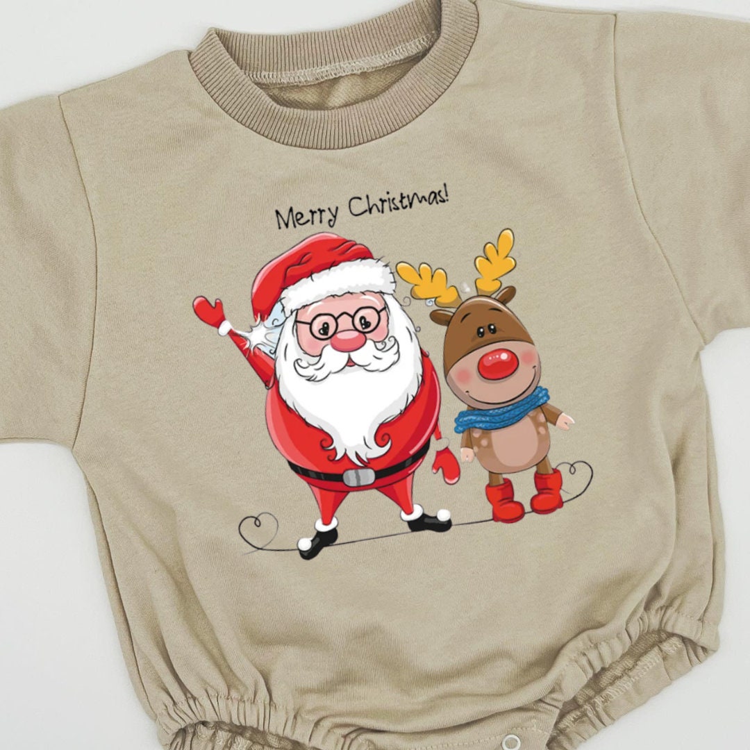 Merry Christmas Santa with Deer Bubble Sweatshirt romper for baby/infant/toddler. Oversized Sweatshirt